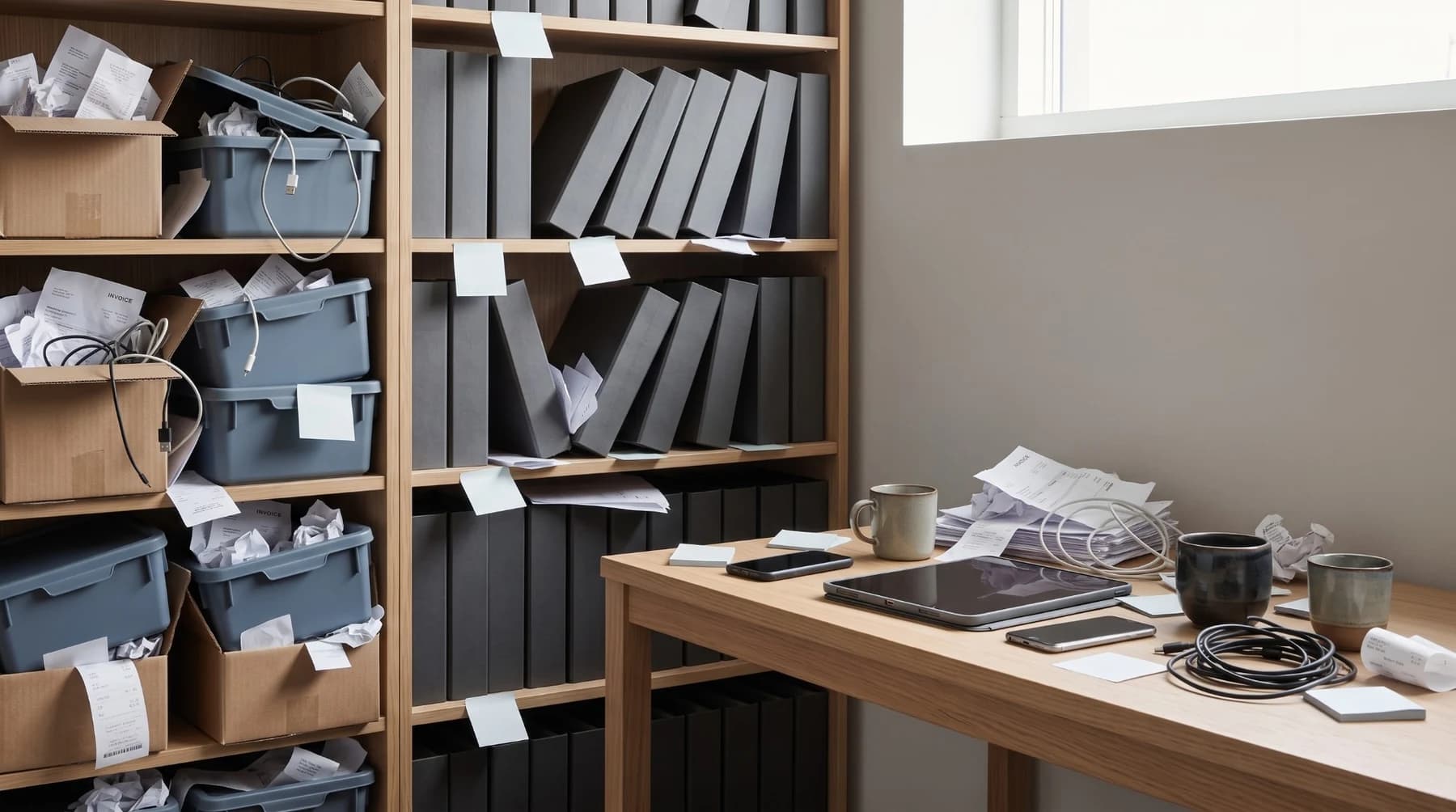 A back-office desk buried in receipts, open boxes, tangled cables and leaning folders.
