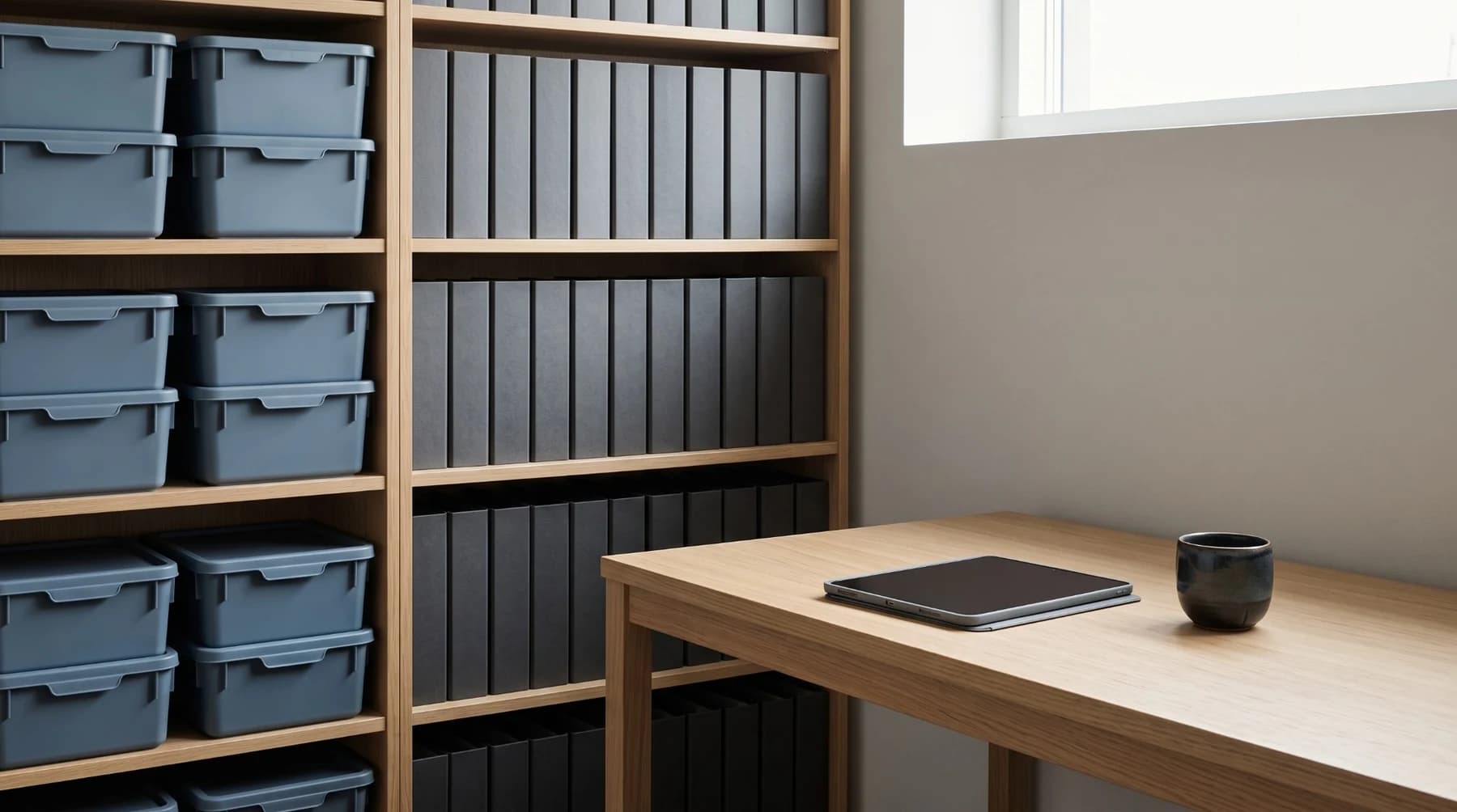 The same back office, now orderly: matching boxes on oak shelves and a clear desk.