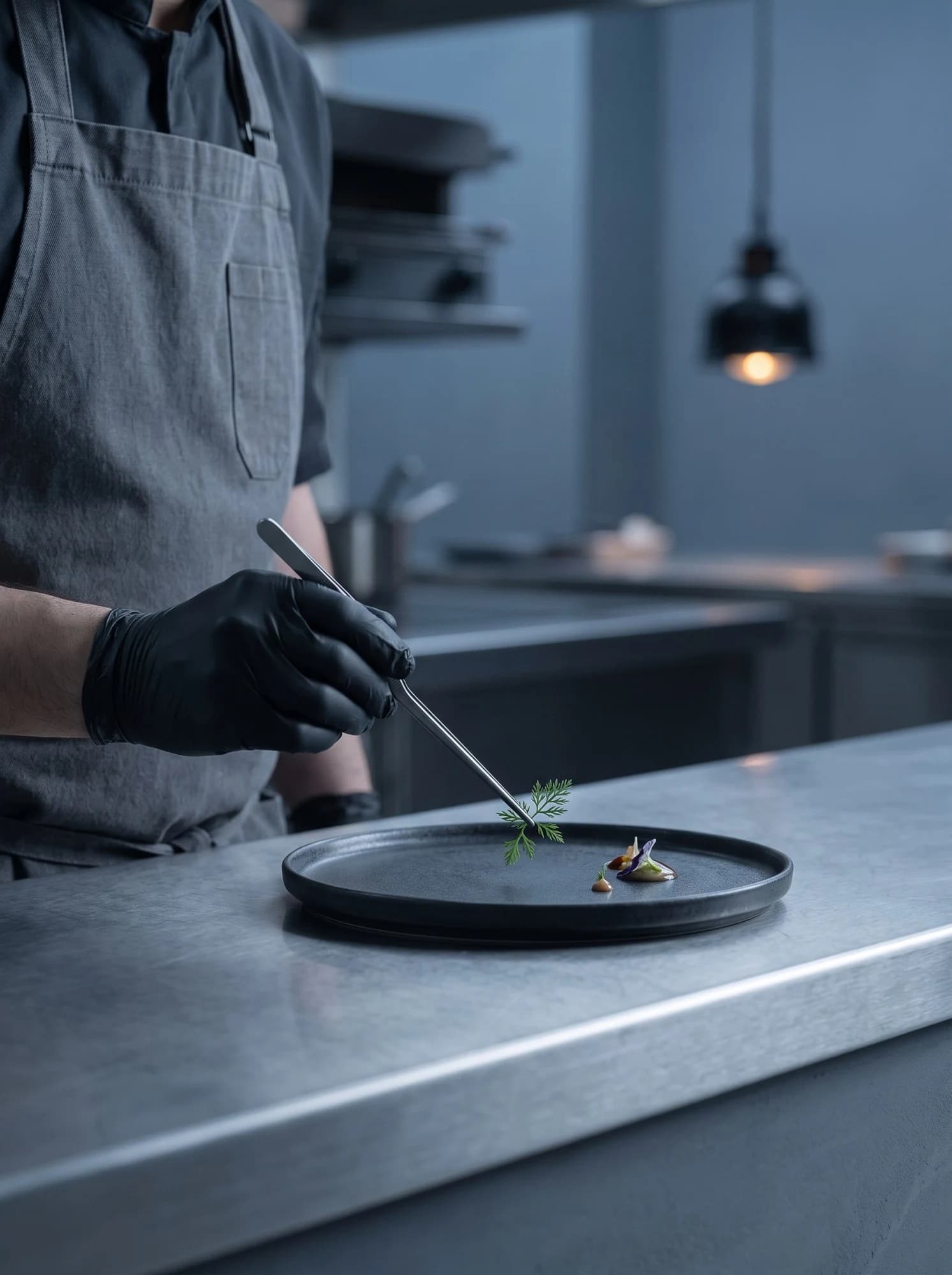 A chef’s gloved hands place a single herb on a round charcoal plate with tweezers.