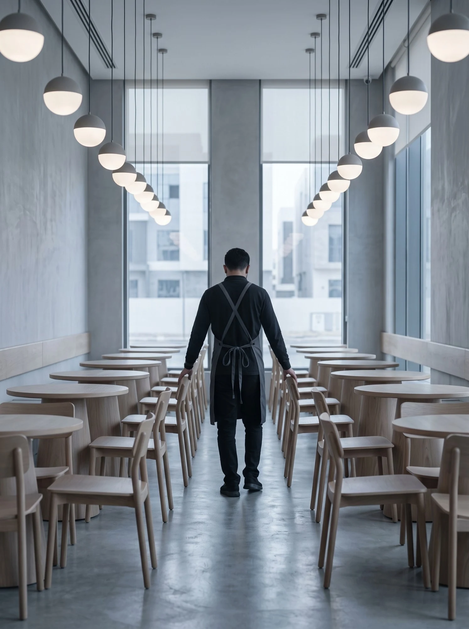 A staff member in a charcoal apron aligns chairs in a new café branch before opening.