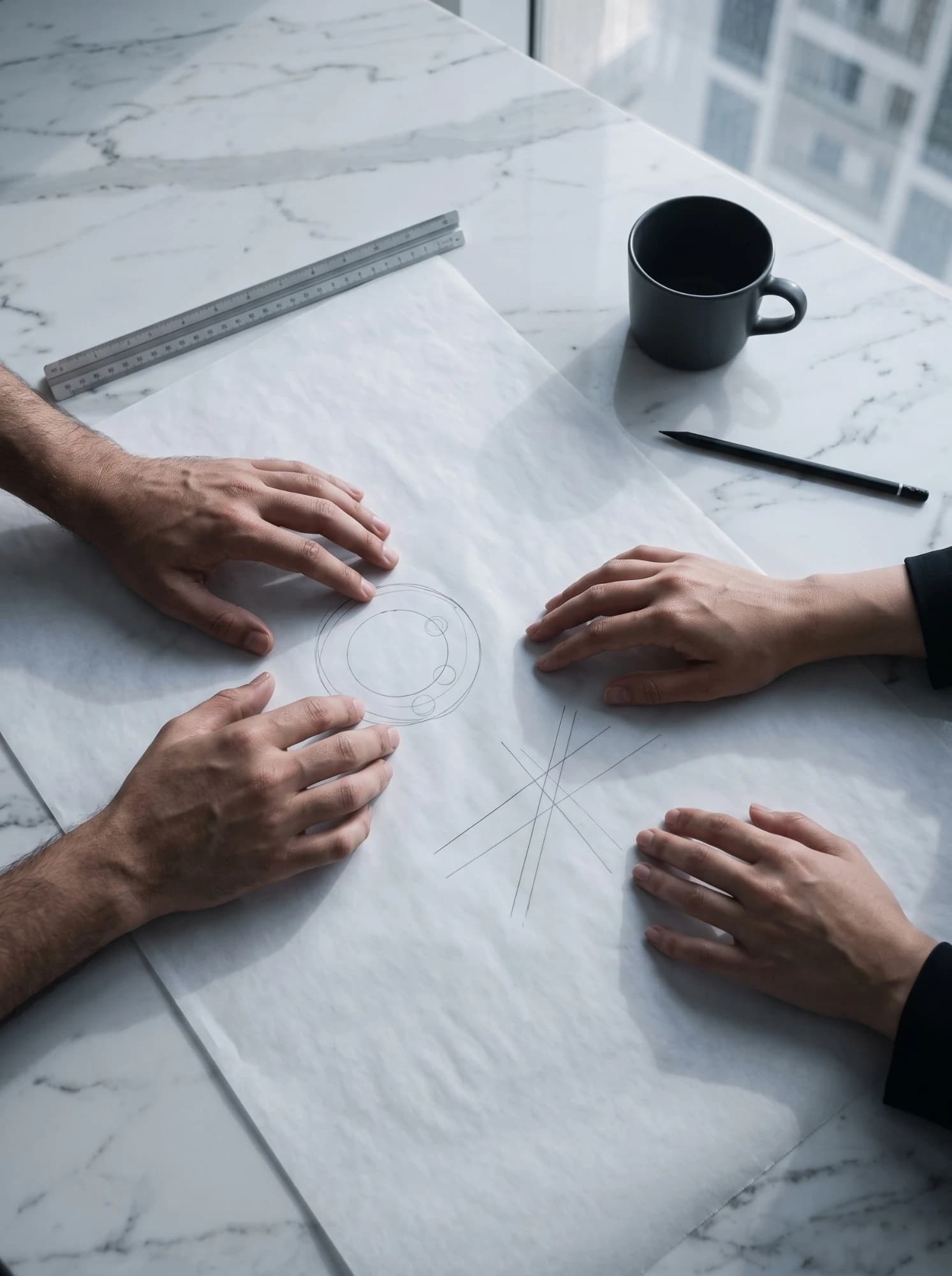 Two pairs of hands planning together over tracing paper marked with pencil circles and lines.