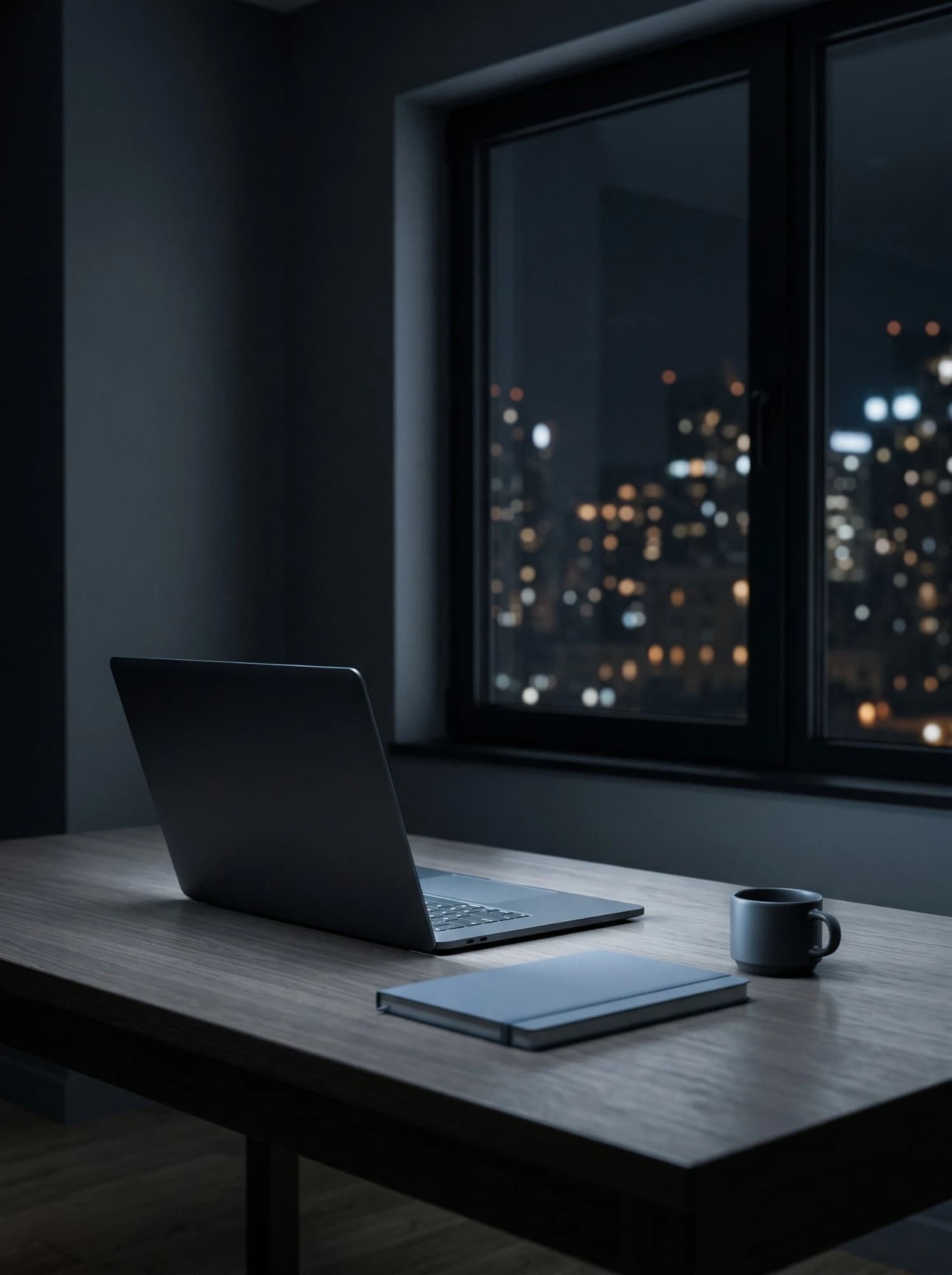 A manager’s desk at night: a glowing laptop, a closed notebook and an espresso cup.