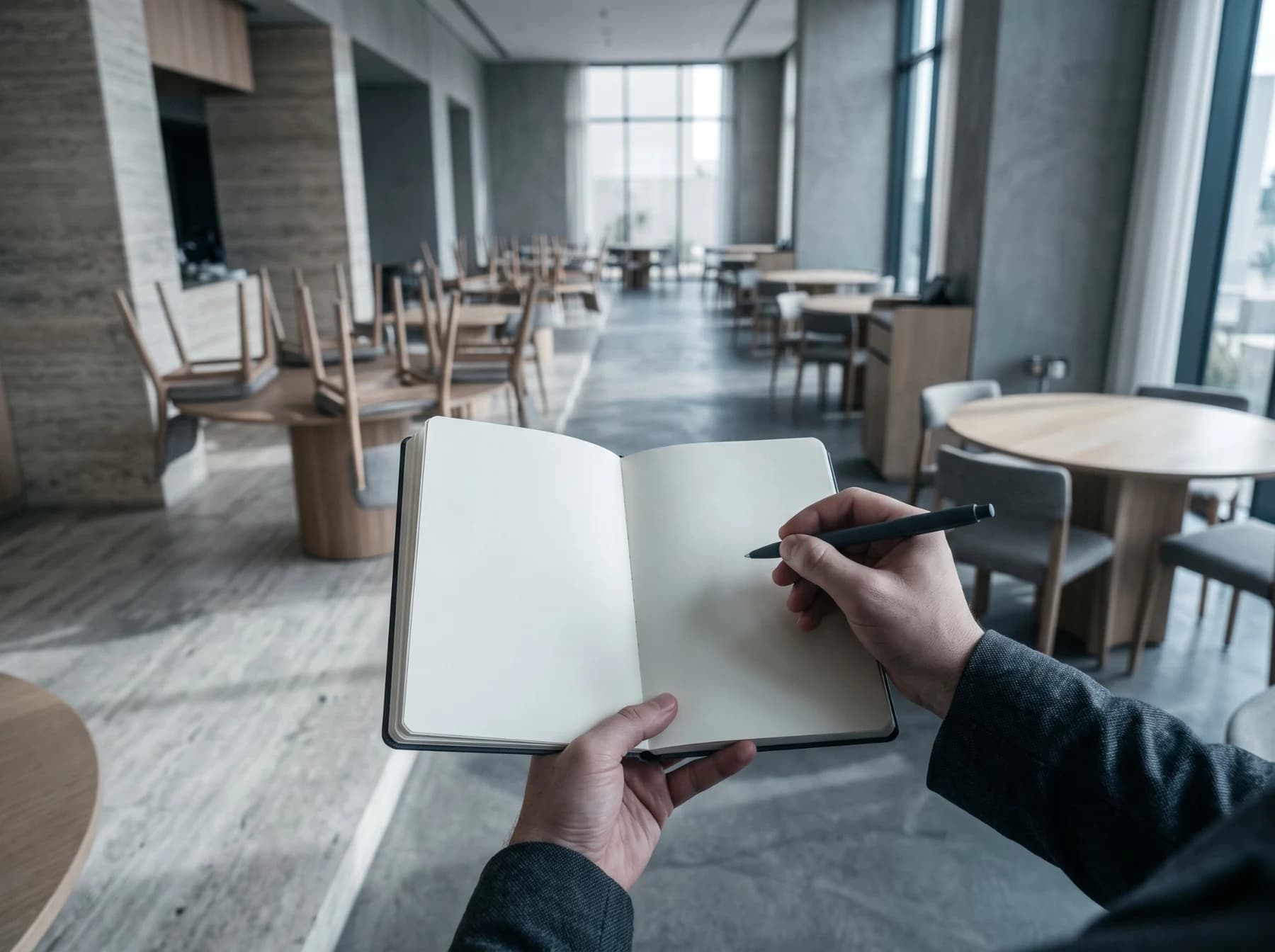 Hands holding a notebook and pen during an assessment walk-through of a quiet dining room before opening hours.