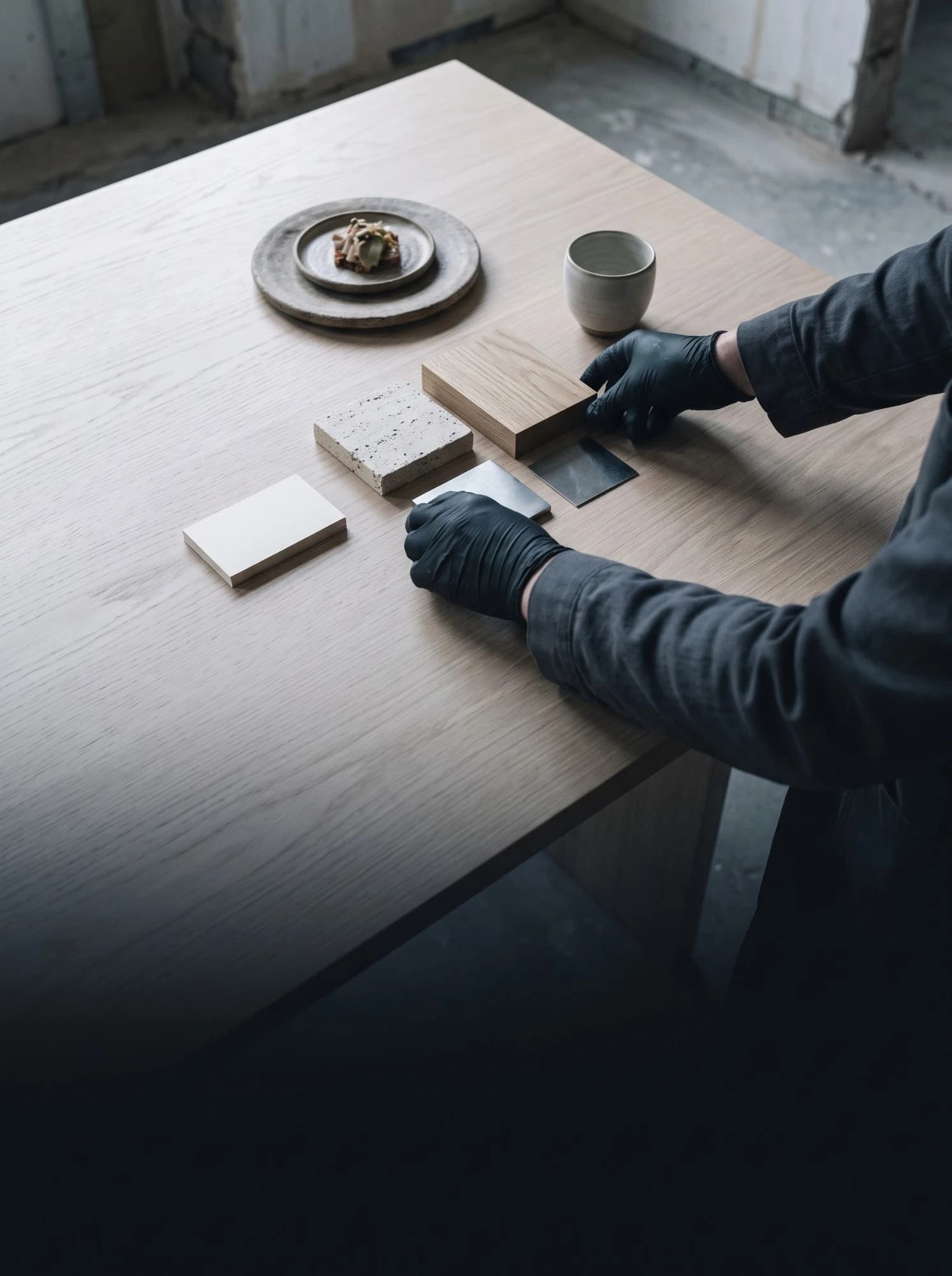 Gloved hands arrange travertine, oak and steel samples beside a single prototype dish and a cup, in a new venue still being fitted out.